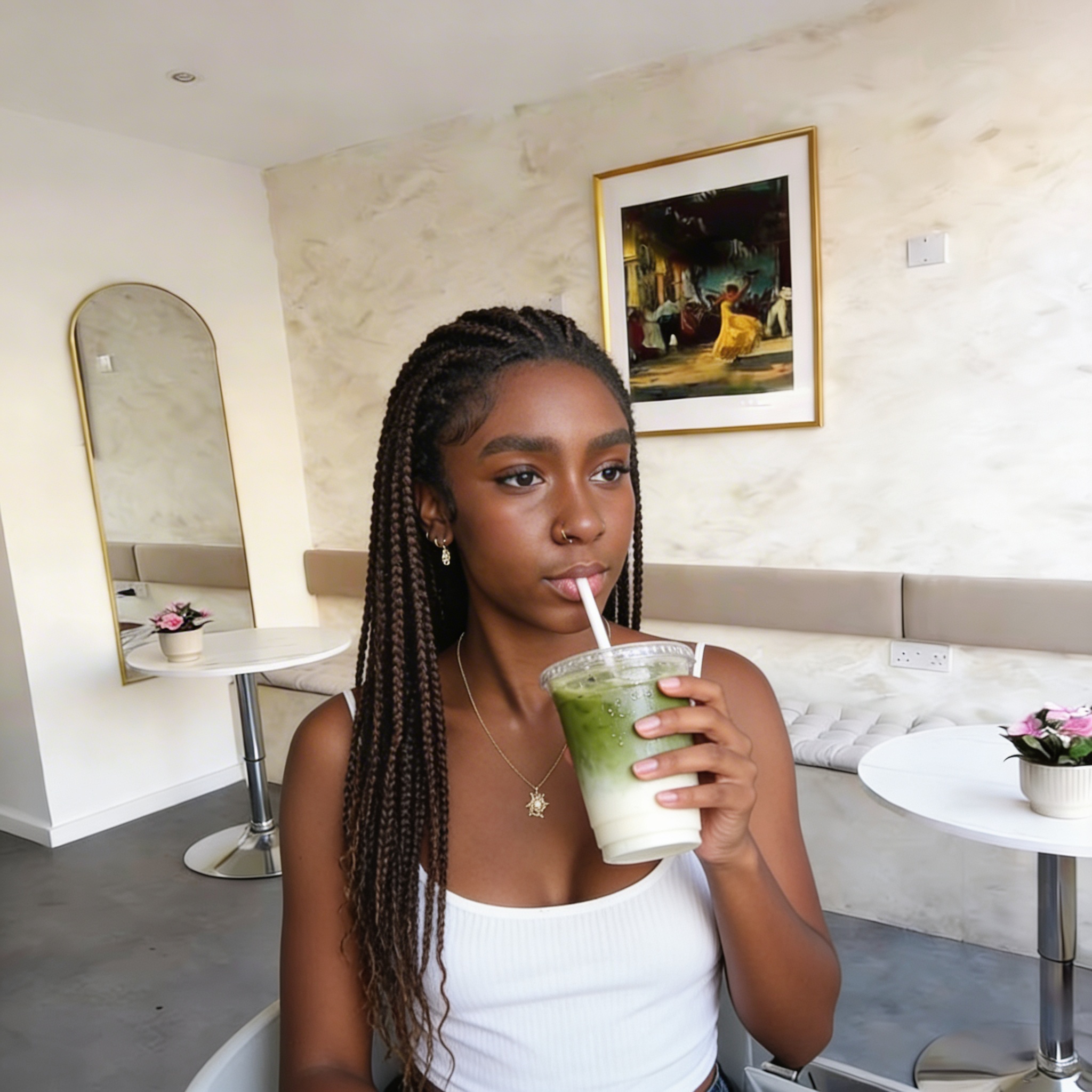 Customer enjoying matcha at Base Wellness Cafe